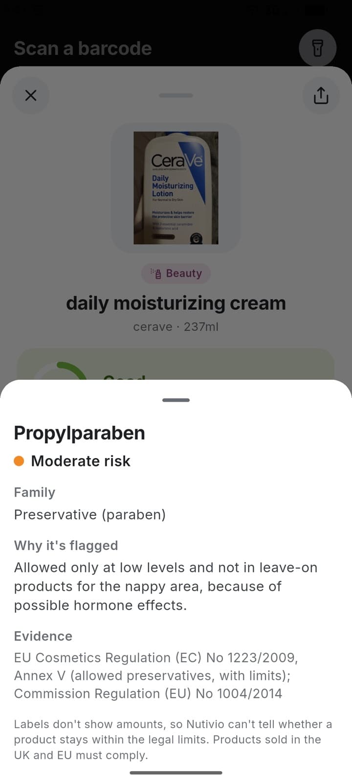 An ingredient's detail in the app: its family, its risk level and the evidence behind it
