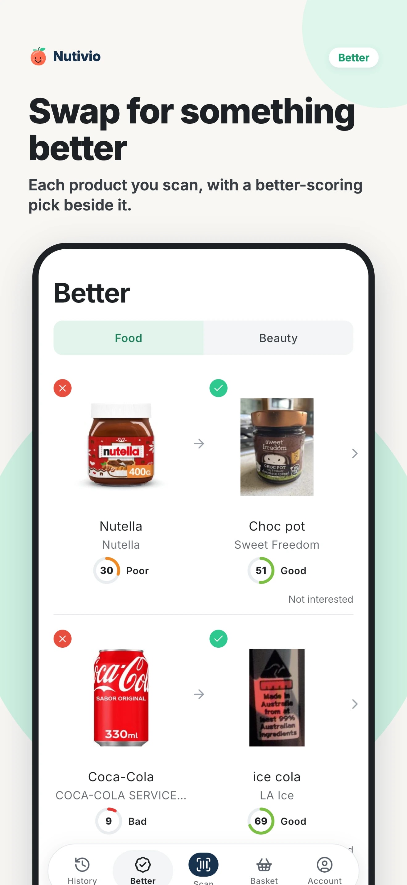 Swap for something better: each product you scan, with a better-scoring pick beside it.