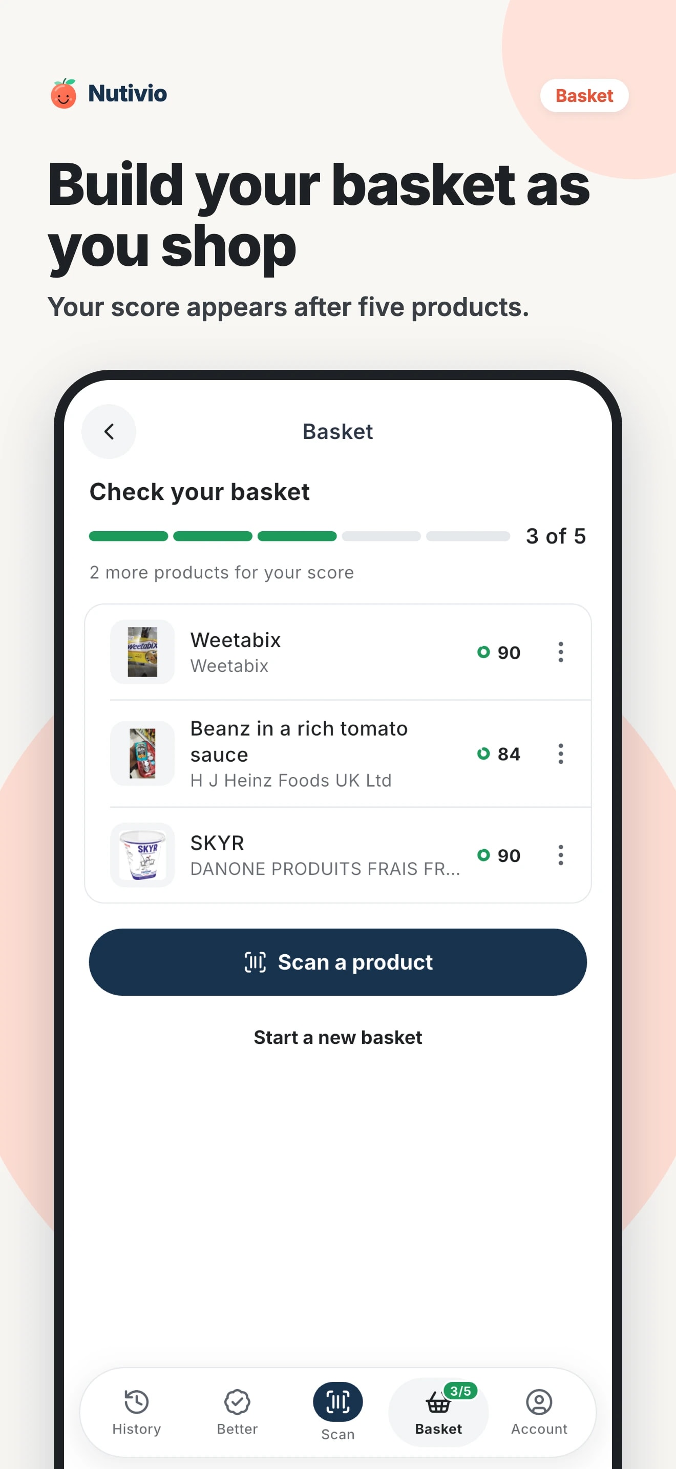 Build your basket as you shop: your score appears after five products.