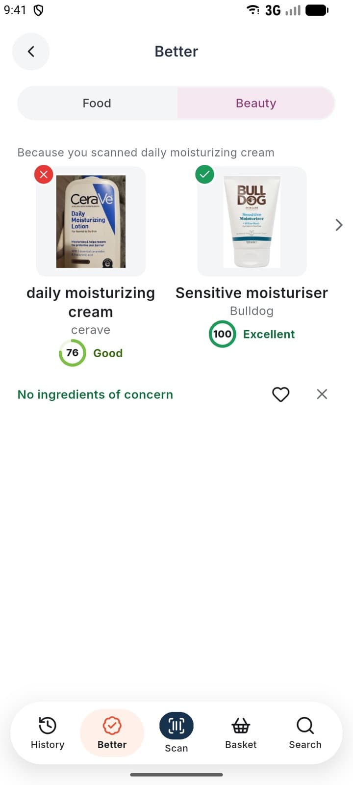 Better's Beauty tab, pairing scanned products with better products of the same type