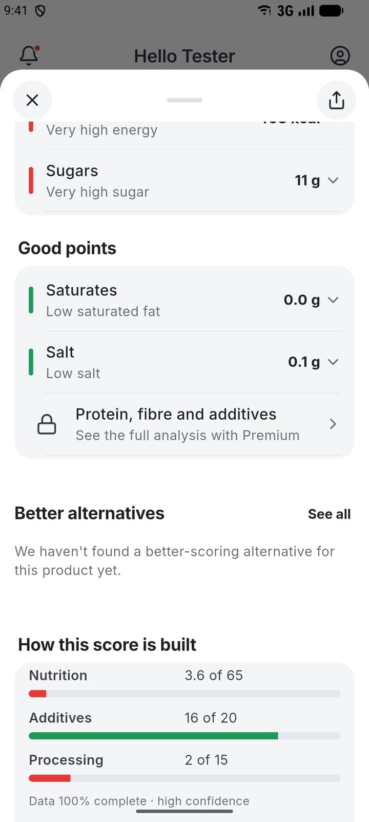 A drink's product page showing what to limit, its good points and how the score is built